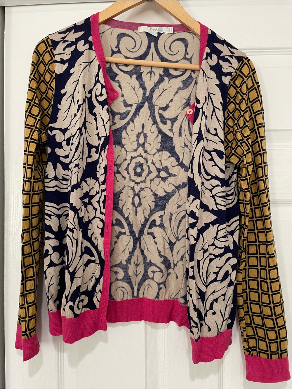 Boden Brighton Patterned Mixed-Print Cardigan Sweater in Navy, Cream & Pink